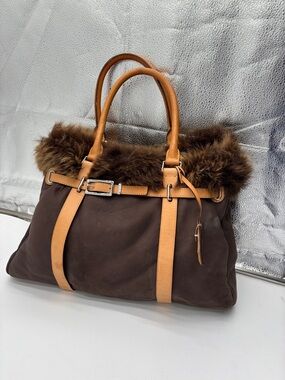 Tumi ballistic shearling Brown Faux-Fur Trim Leather Tote Bag with Tan Handles